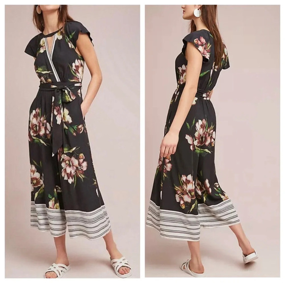 Anthropologie x Maeve black floral print wide leg crop jumpsuit 30978 - Picture 1 of 12